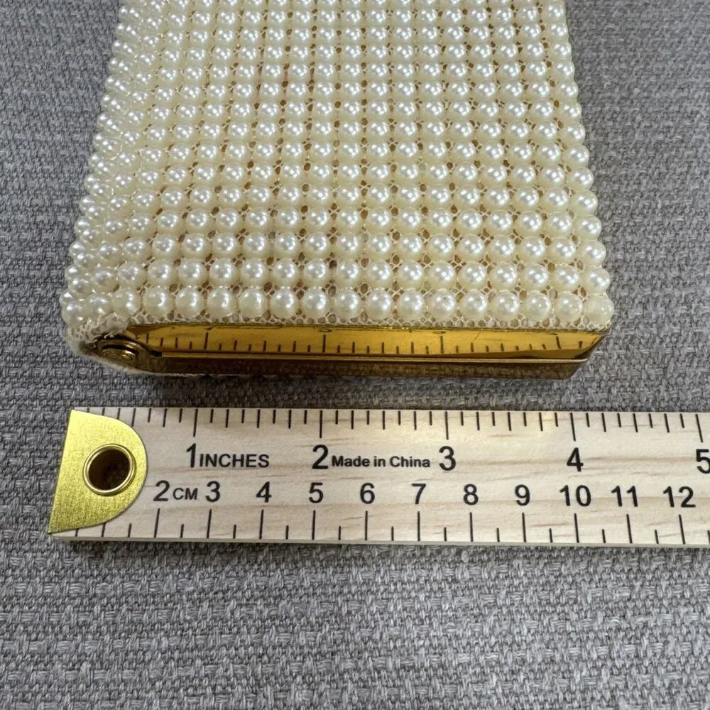 Vintage Faux Pearl Clutch Purse Gold Tone Frame Bag Mid Century MCM Glam Classy